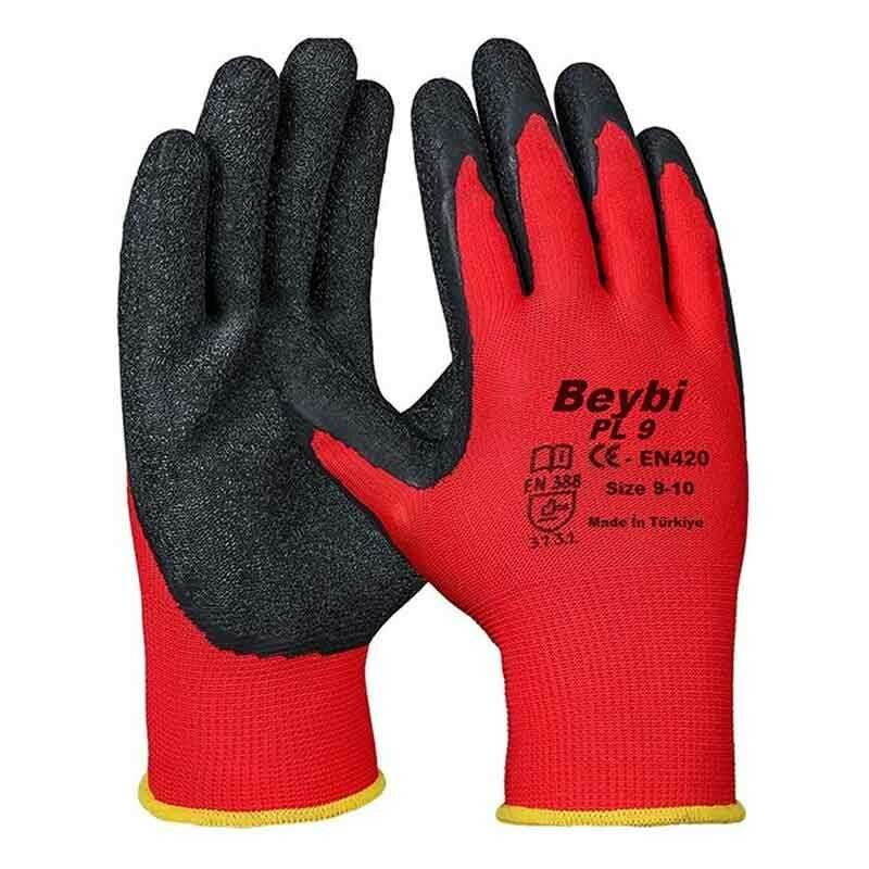 Beybi Pl-9 Polyester Örgü Tırtıklı Lateks Kaplı Eldiven Kırmızı Siyah No:9 ( 12 Çift )