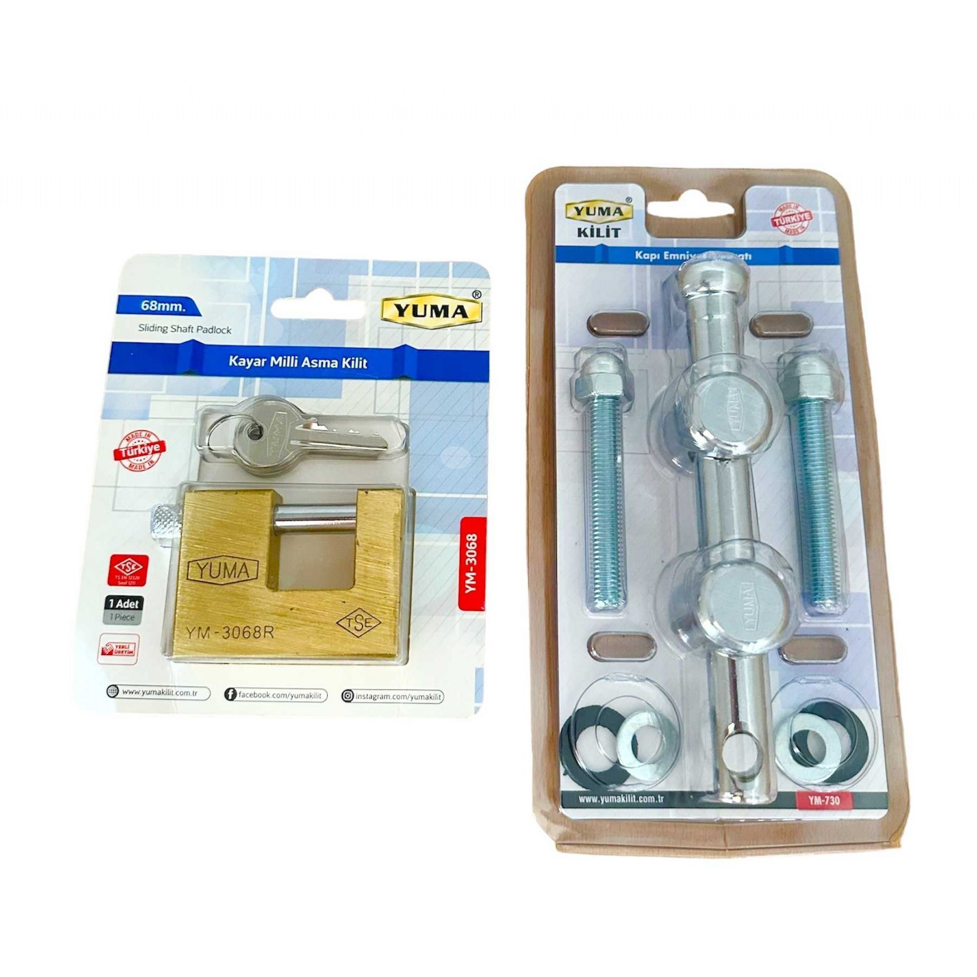 Yuma Kapı Emniyet Aparatı Ym-730 + Kayar Milli Pirinç Asma Kilit 68 MM Ym-3068