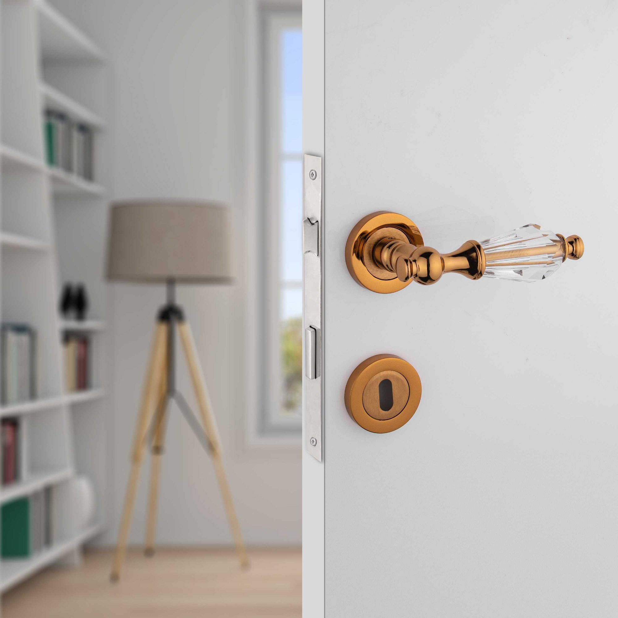 Topkapı Kristal Cam Rozetli Albirifin Yale Çelik Kapı Kolu Sağ Basar Koldoor